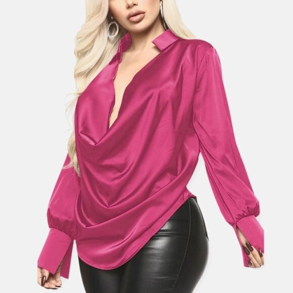 NWT Stain Long Sleeve Sexy V-Neck Formal Work Blouse Party Shirt - Picture 10 of 12